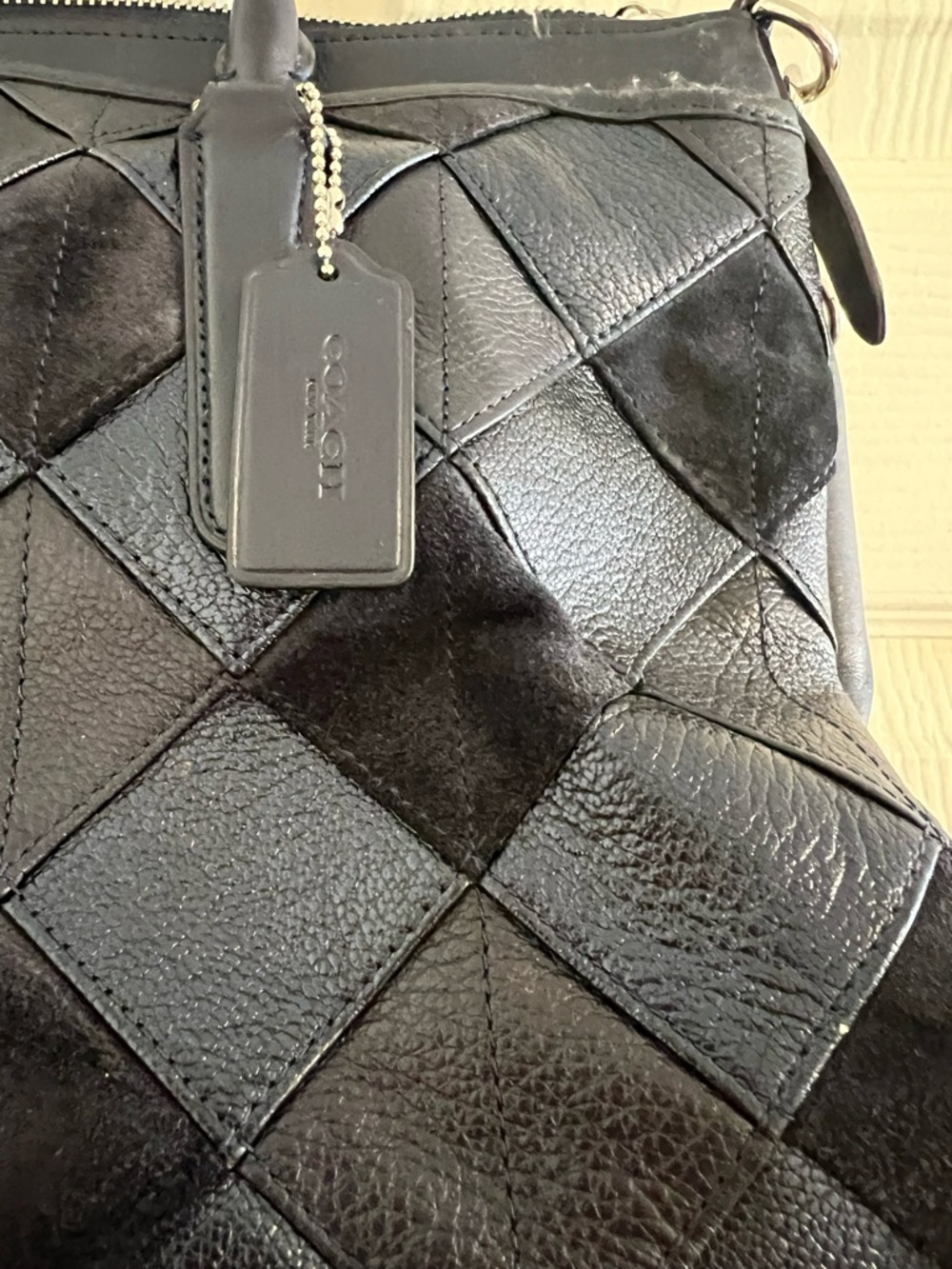Stunning RARE Coach Morgan Diamond Patchwork Leather & Suede Satchel Bag Navy - Picture 5 of 16